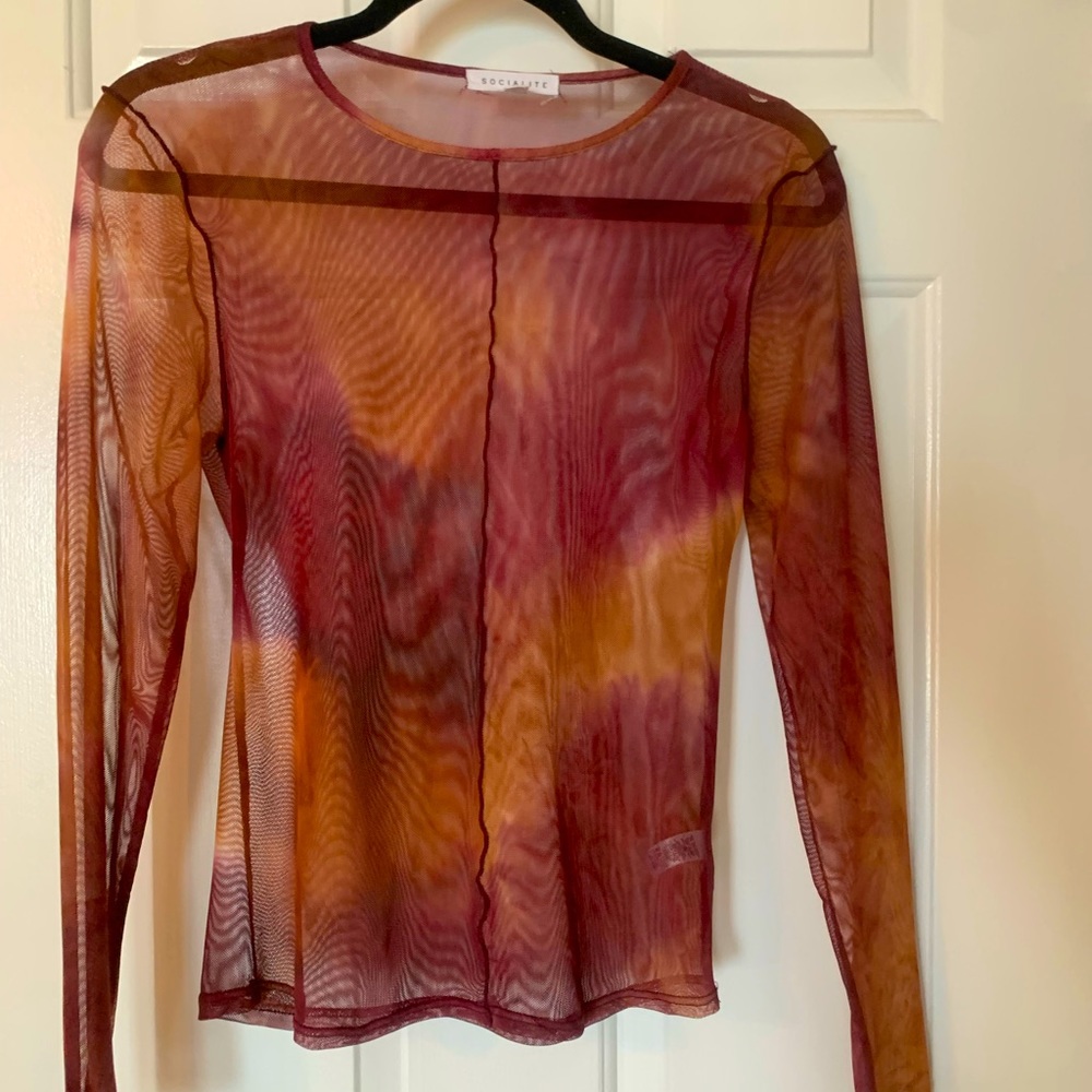 Orange Purple Socialite Long Sleeve Mesh Dyed Top, Size Small